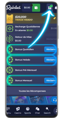 Rainbet Casino rendez-vous dans l'onglet Bonus