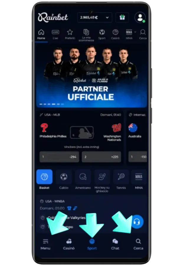 Accedi alla Rainbet App e al menu