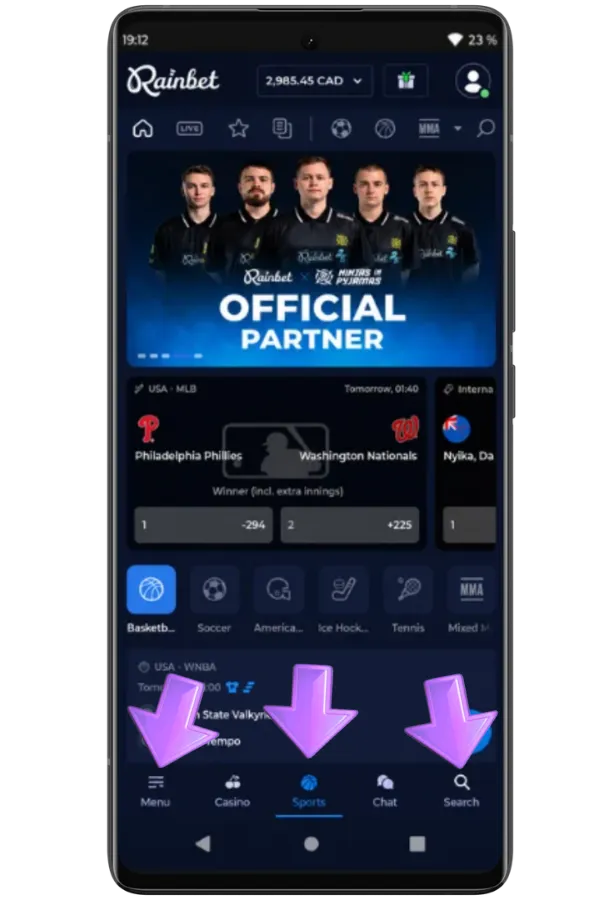 Login to the Rainbet App and menu