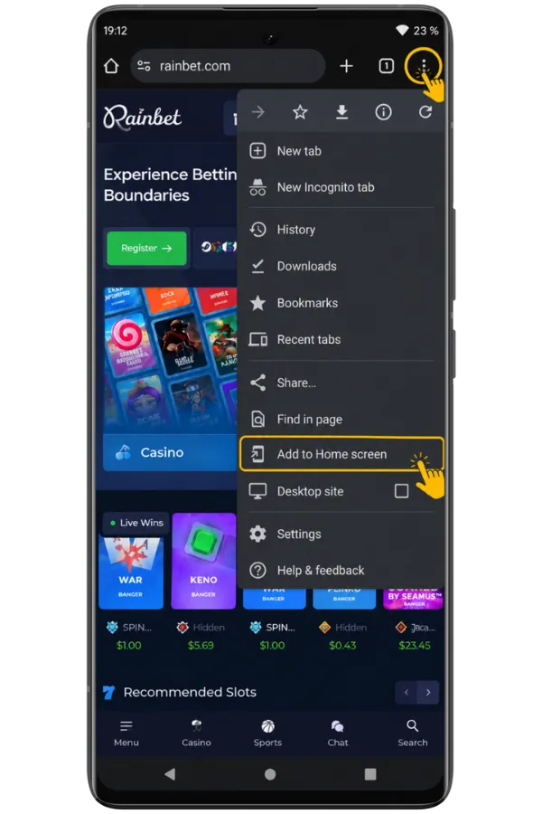 Rainbet App Open the Menu